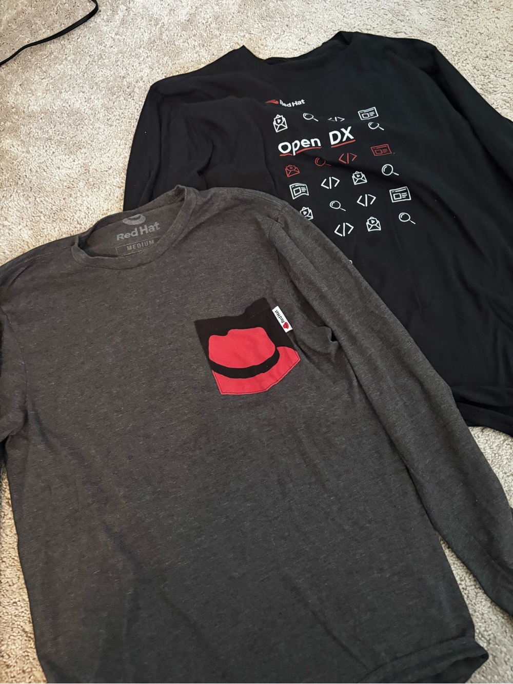 Red Hat men’s Long-Sleeve Logo Tee - Charcoal Gray with Red Pocket Accent